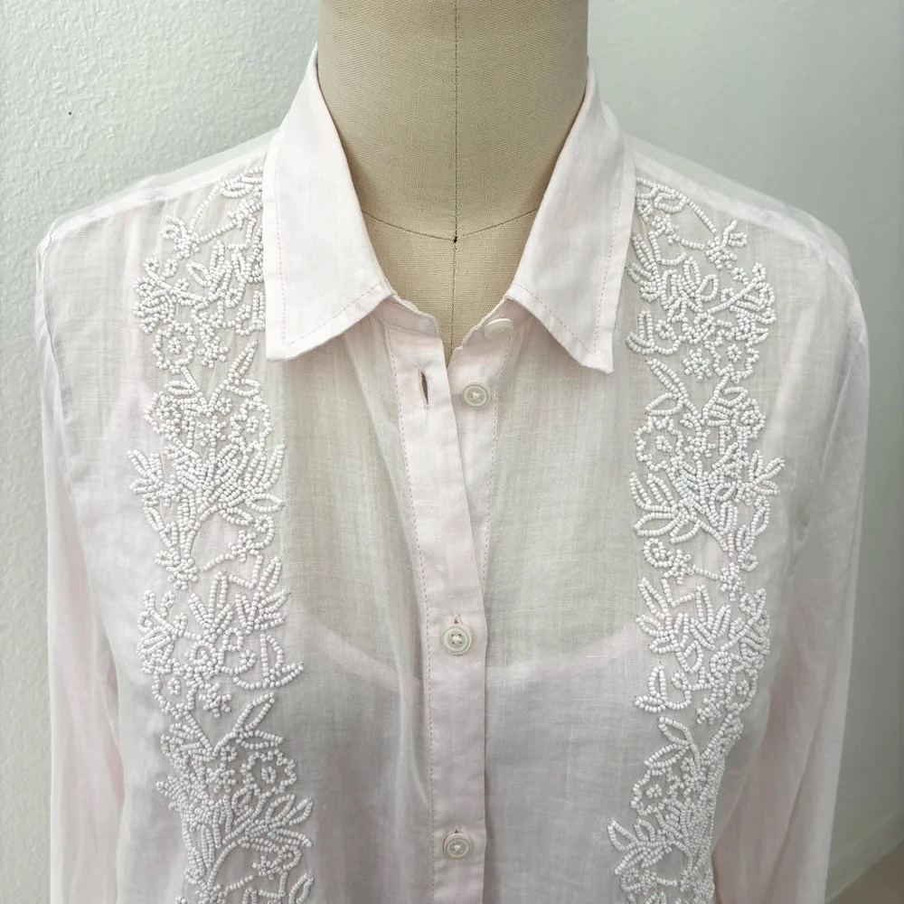 J Crew Collection Beaded Button-Up Shirt NWT Pastel Pink Ramie Luxury 10